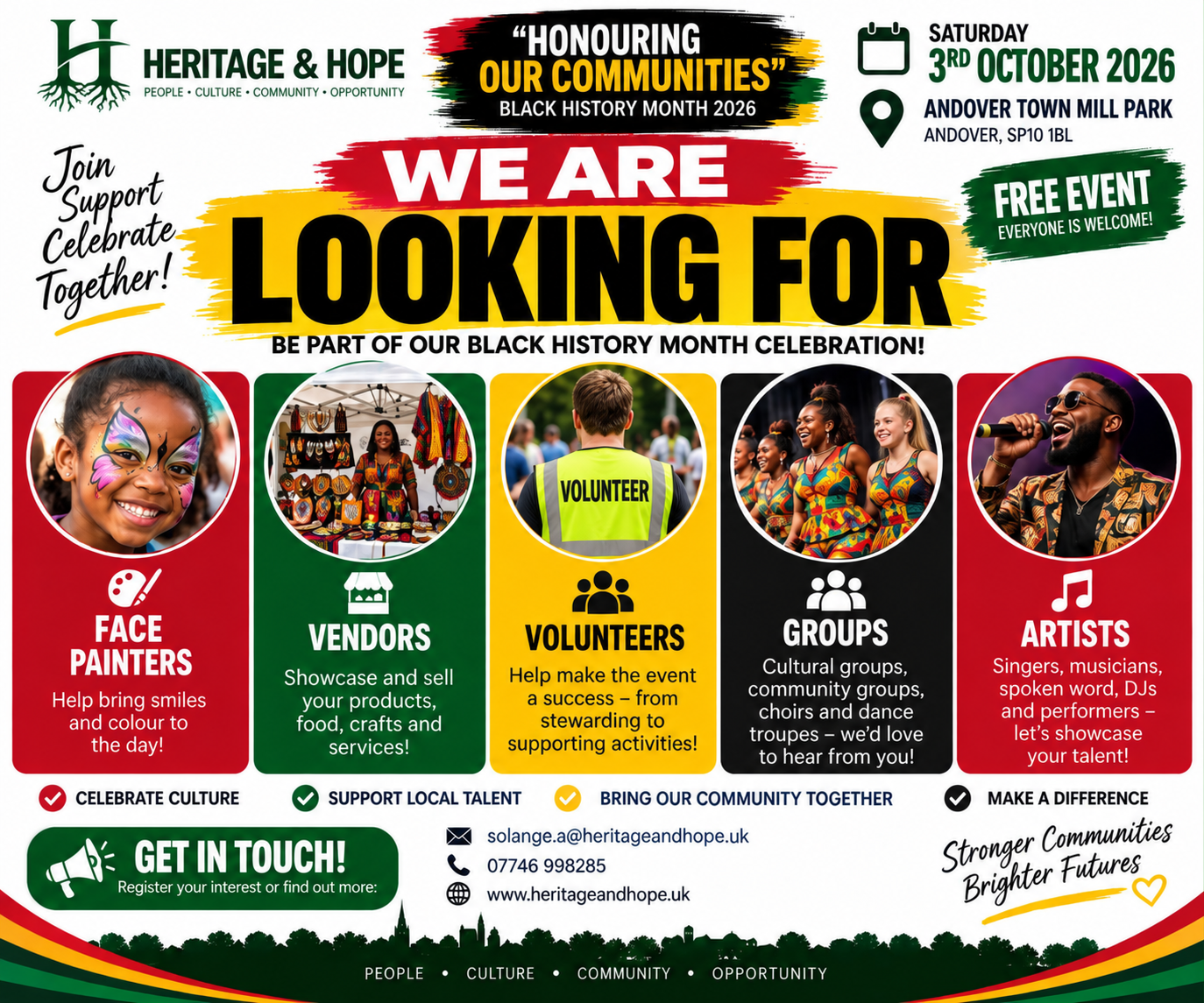 Andover Black History Month 2026 recruitment poster for face painters, vendors, volunteers, groups and artists at Andover Town Mill Park